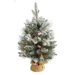 2' Flocked Artificial Christmas Tree With 30 Clear Lights, 73 Bendable Branches, Pine Cones And Berries