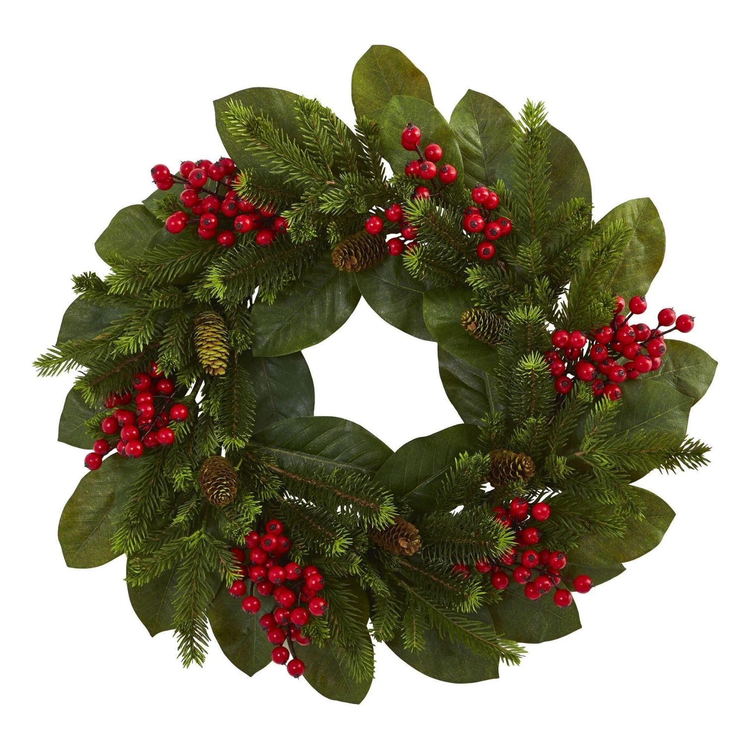 24” Magnolia Leaf, Berry And Pine Artificial Wreath