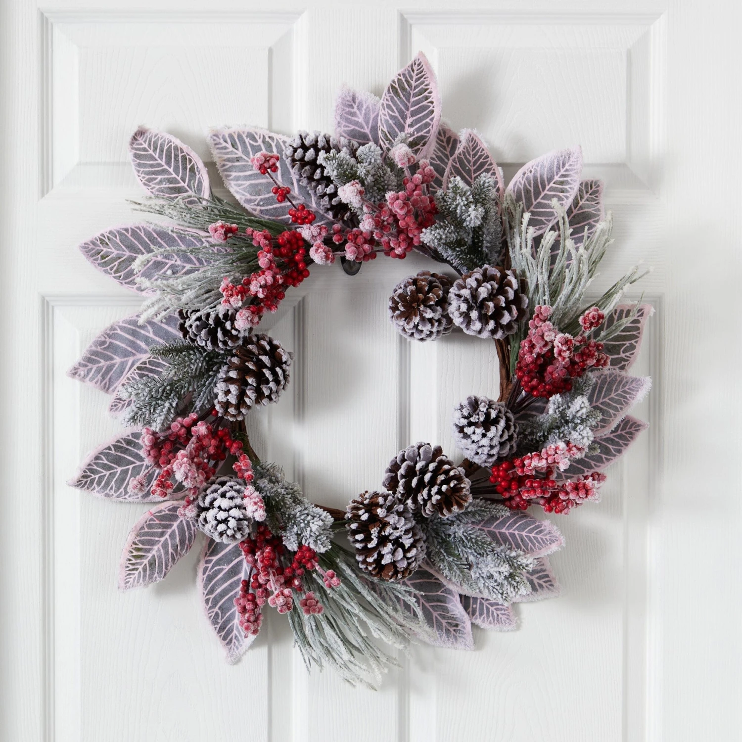 24” Snowy Magnolia Berry Artificial Wreath - Image 2