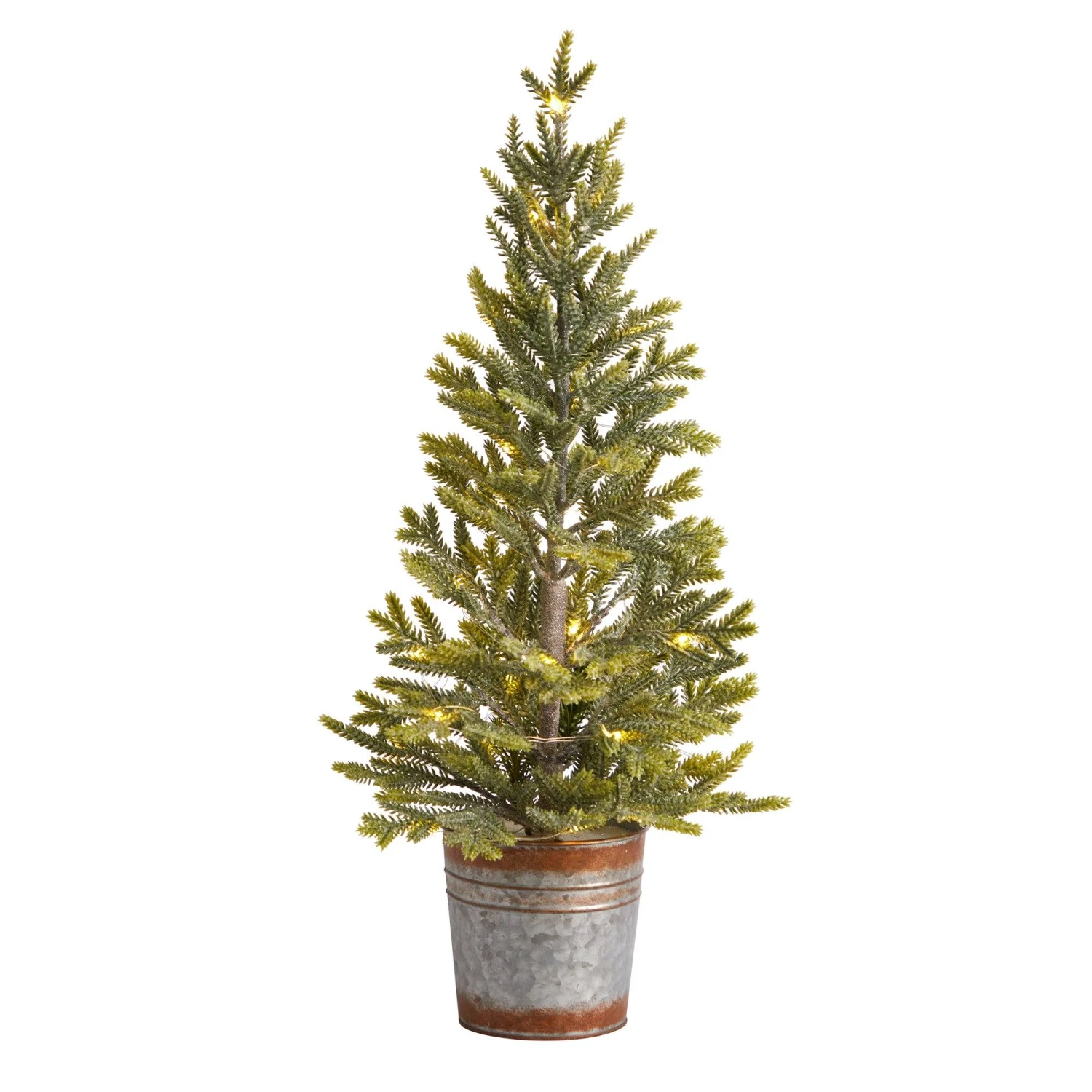 26” Pine “Natural Look” Artificial Christmas Tree With 35 Warm White Lights In Rustic Metal Planter