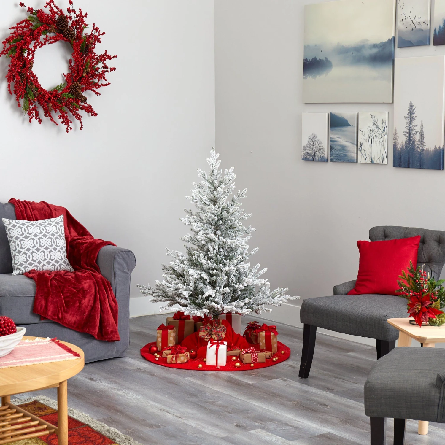 4’ Flocked Fraser Fir Artificial Christmas Tree With 300 Warm White Lights And 967 Bendable Branches - Image 7