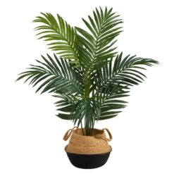 4' Kentia Palm Artificial Tree In Boho Chic Handmade Cotton & Jute Black Woven Planter