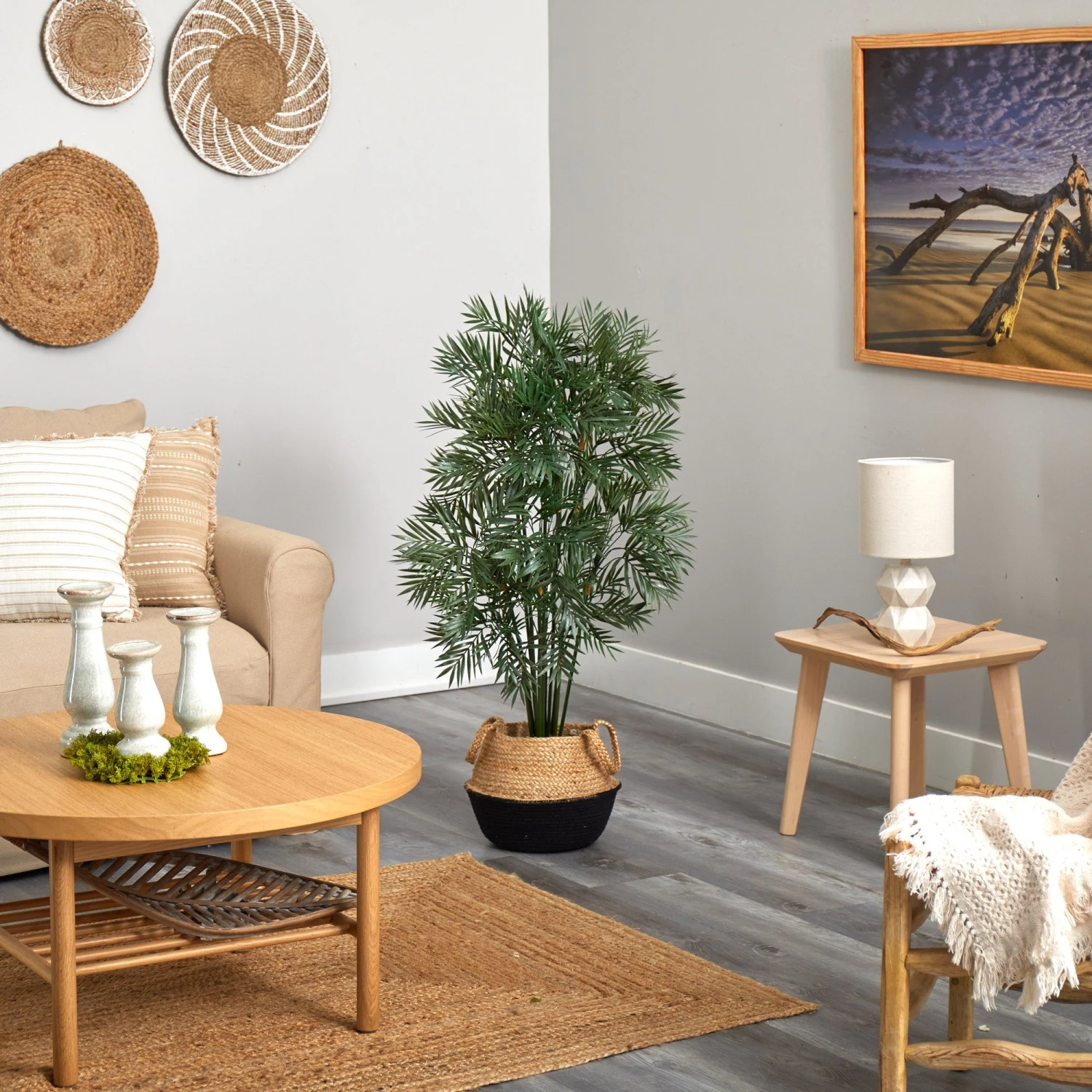 4' Parlor Palm Artificial Tree In Boho Chic Handmade Cotton & Jute Black Woven Planter - Image 4