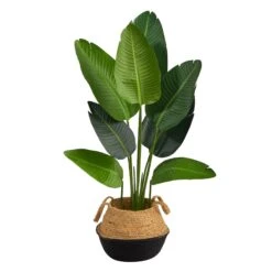 4’ Travelers Palm Artificial Tree In Boho Chic Handmade Cotton & Jute Black Woven Planter