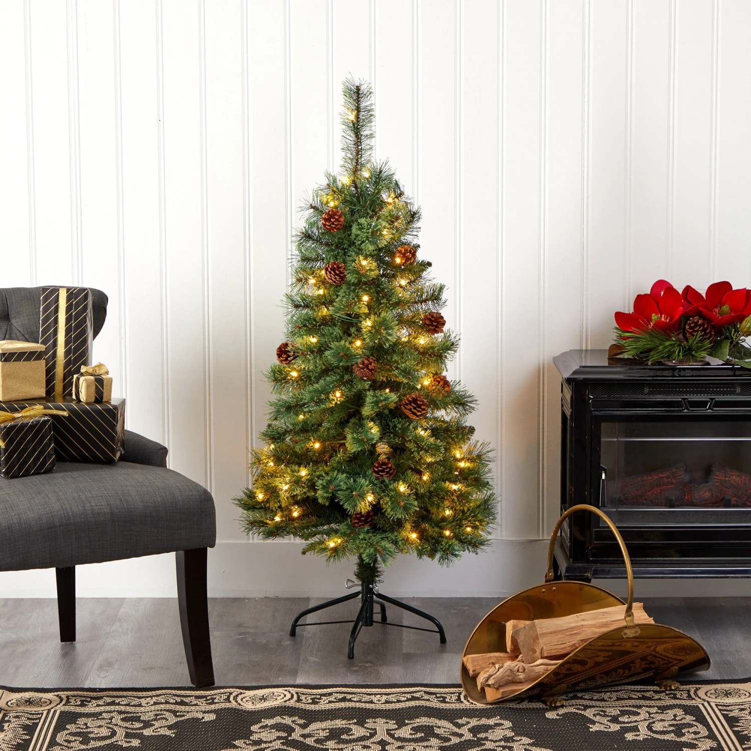 4’ White Mountain Pine Artificial Christmas Tree With 100 Clear LED Lights And Pine Cones - Image 5