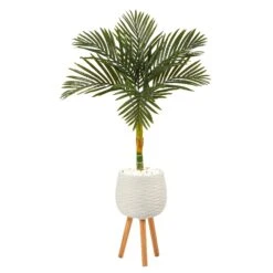 4.5’ Golden Cane Artificial Palm Tree In White Planter With Stand