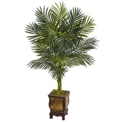 4.5’ Golden Cane Palm Tree In Wooden Decorated Planter