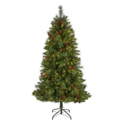 6’ Aberdeen Spruce Artificial Christmas Tree With 350 Clear LED Lights, Pine Cones And Red Berries