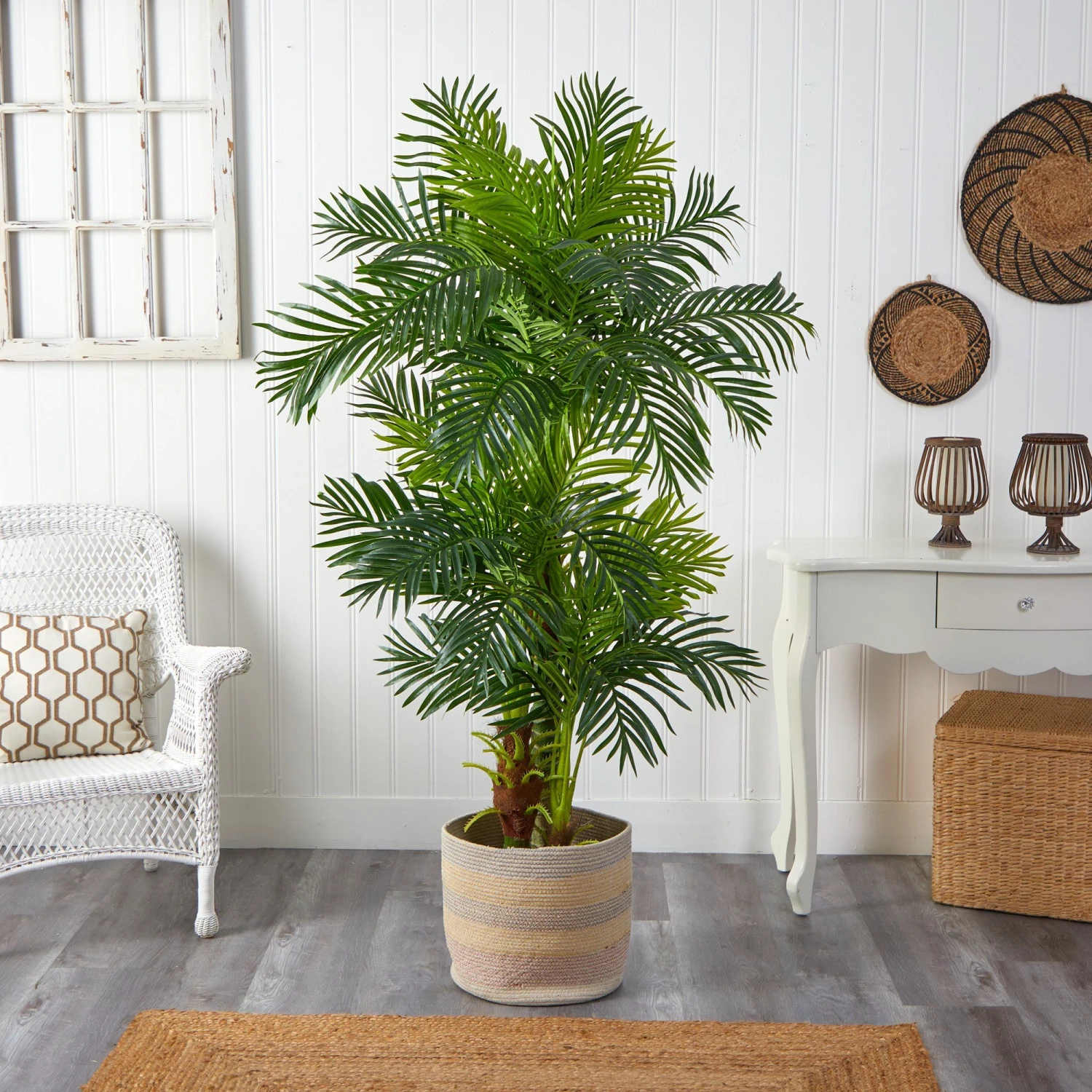 6’ Hawaii Artificial Palm Tree In Handmade Natural Cotton Multicolored Woven Planter - Image 3