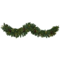 6’ Mixed Pine Artificial Christmas Garland With 35 Clear LED Lights, Berries And Pinecones