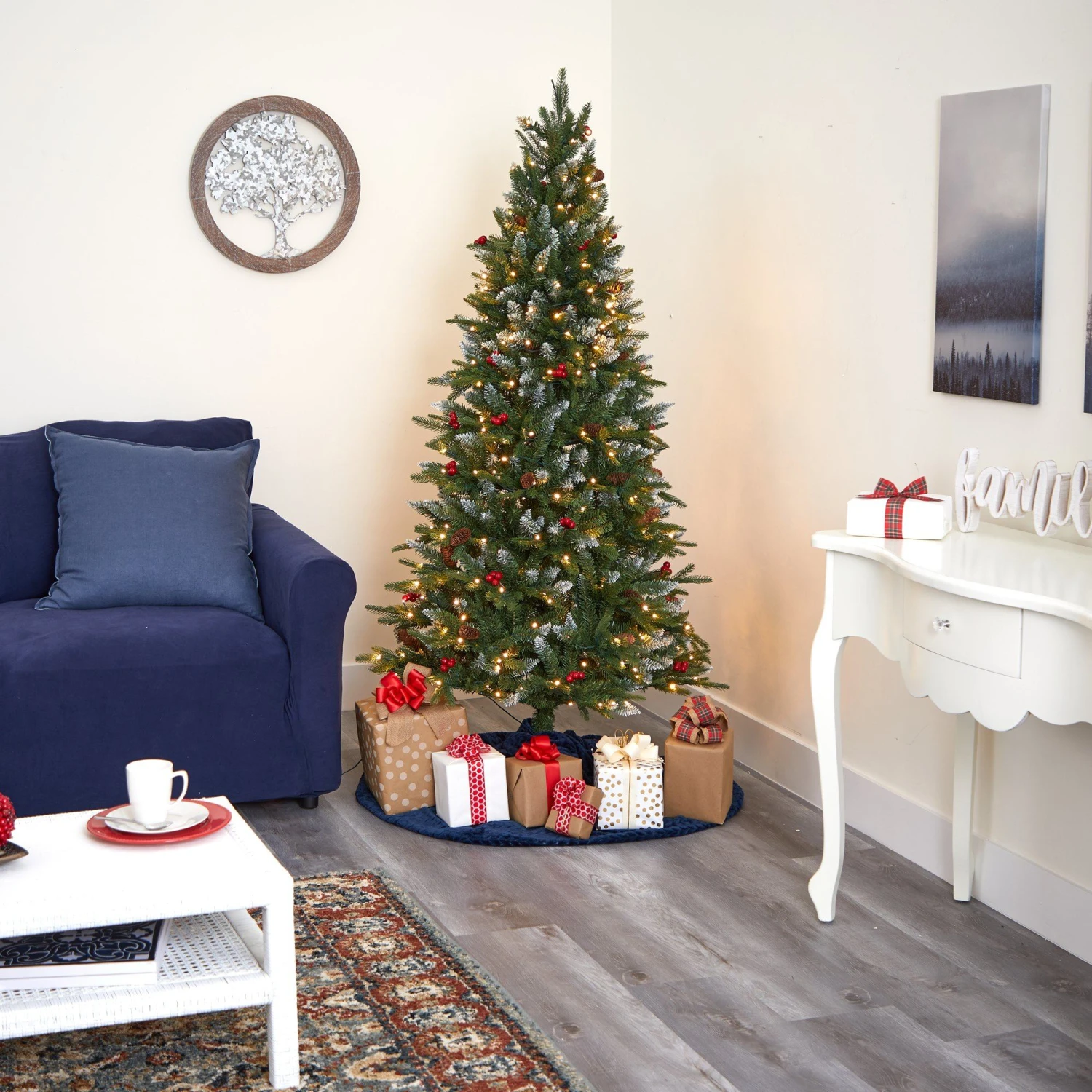 6' Snow Tipped Portland Spruce Artificial Christmas Tree With Frosted Berries And Pinecones With 300 Clear LED Lights - Image 8