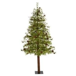 6' Wyoming Alpine Artificial Christmas Tree With 150 Clear (multifunction) LED Lights And Pine Cones On Natural Trunk