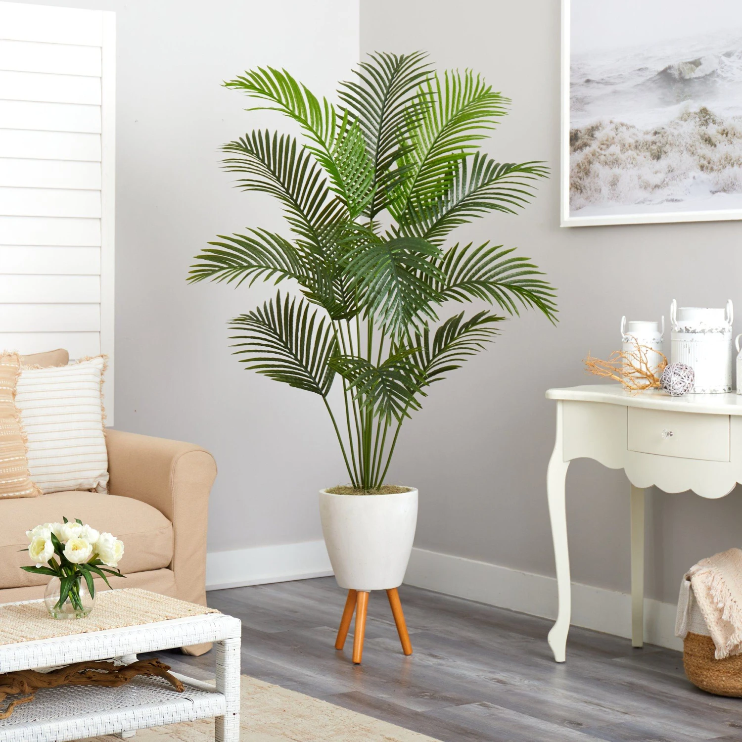 6.5β Golden Cane Artificial Palm Tree In White Planter With Stand - Image 4