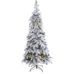 7’ Flocked Montana Down Swept Spruce Artificial Christmas Tree With Pinecones And 400 LED Lights