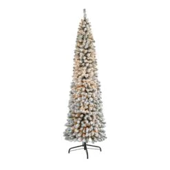 7’ Flocked Pencil Artificial Christmas Tree With 400 Clear Lights And 574 Bendable Branches