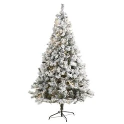 7' Flocked White River Mountain Pine Artificial Christmas Tree With Pinecones And 350 LED Lights
