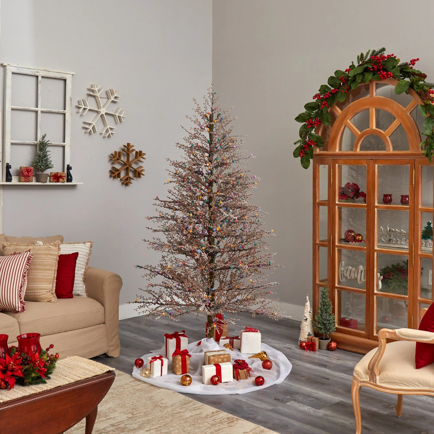 7' Frosted Berry Twig Christmas Tree With 450 Multicolored Gum Ball LED Lights And 1192 Bendable Branches - Image 8