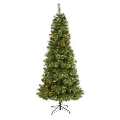 7’ White Mountain Pine Artificial Christmas Tree With 400 Clear LED Lights And Pine Cones
